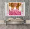 Наклейка на стену - 3D-окно с видом на аллею с розовыми цветами, Имитация окна, 130 х 85