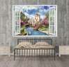 Wall Sticker - 3D window with a view of the castle surrounded by swans, Window imitation