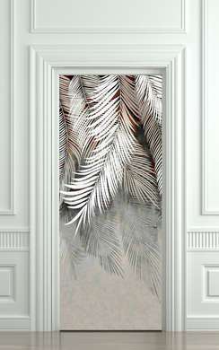 3D sticker on the door, Leaves on a gray background, 60 x 90cm, Door Sticker