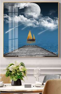 Poster - Yacht in the sea, 100 x 100 см, Framed poster on glass, Marine Theme