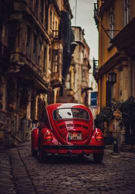 Постер - Красная машины в старом городе, 30 x 60 см, Холст на подрамнике, Транспорт
