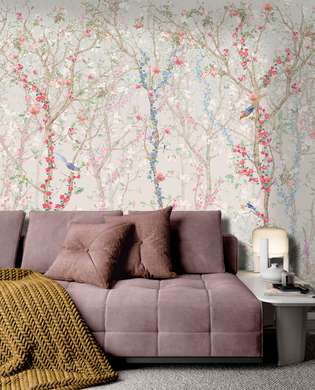 Wall Mural - Spring trees in flowers and birds