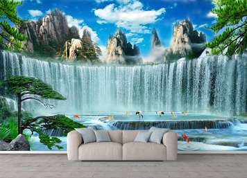 Wall Mural - Beautiful waterfall under blue sky