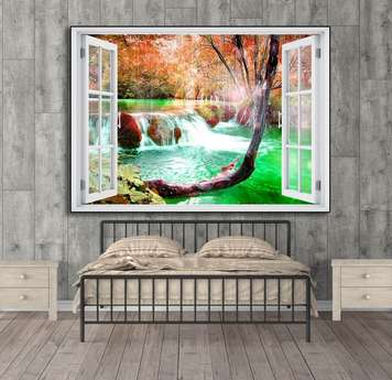 Wall Sticker - 3D window overlooking the charming cascade, Window imitation