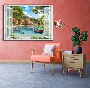 Wall Sticker - Sea view window surrounded by stones, Window imitation