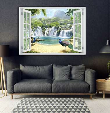 Wall Sticker - 3D window with a view of the hills next to the waterfall, Window imitation