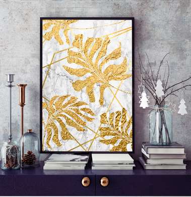 Poster - Golden leaves on a marble background, 60 x 90 см, Framed poster, Botanical