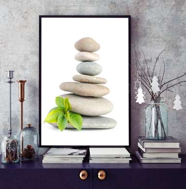 Poster - White stones and a green leaf on a white background, 60 x 90 см, Framed poster, Minimalism