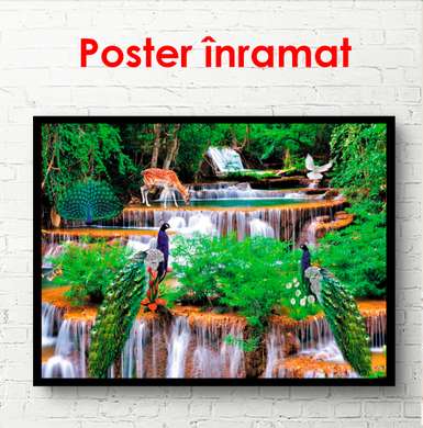 Poster - Waterfall and forest animals, 45 x 30 см, Canvas on frame, Nature
