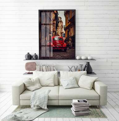 Poster - Red cars in the old city, 30 x 60 см, Canvas on frame, Transport