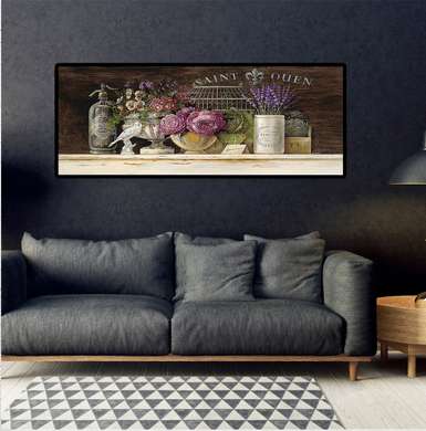 Poster - Floral still life on a shelf, 90 x 45 см, Framed poster on glass, Provence