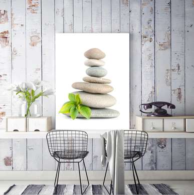 Poster - White stones and a green leaf on a white background, 60 x 90 см, Framed poster, Minimalism