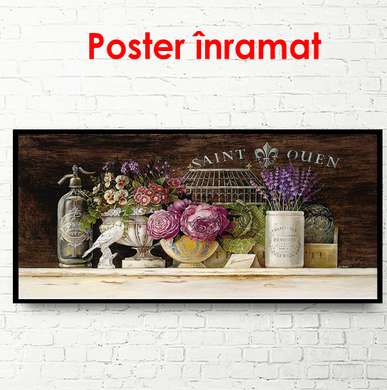 Poster - Floral still life on a shelf, 90 x 45 см, Framed poster