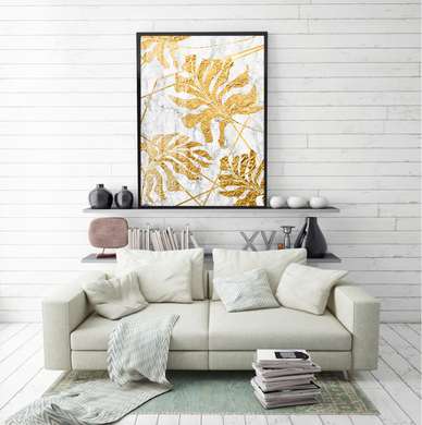 Poster - Frunze de aur pe un fundal de marmură, 60 x 90 см, Poster înrămat, Botanică