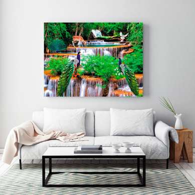 Poster - Waterfall and forest animals, 45 x 30 см, Canvas on frame, Nature