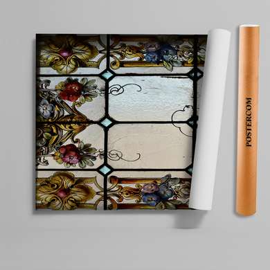 Самоклейка для окон, Декоративный витраж в винтажном стиле с цветами, 60 x 90cm, Мат, Витражная Пленка