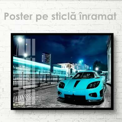 Постер - Голубой спорткар, 90 x 60 см, Постер на Стекле в раме, Транспорт