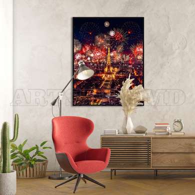 Poster - Tour Eiffel And Night Fireworks, 60 x 90 см, Framed poster on glass, Maps and Cities