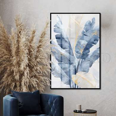 Poster - Blue tropical leaves, 60 x 90 см, Framed poster on glass, Botanical