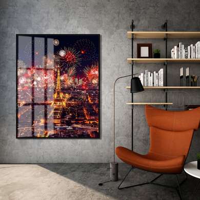 Poster - Tour Eiffel And Night Fireworks, 60 x 90 см, Framed poster on glass, Maps and Cities