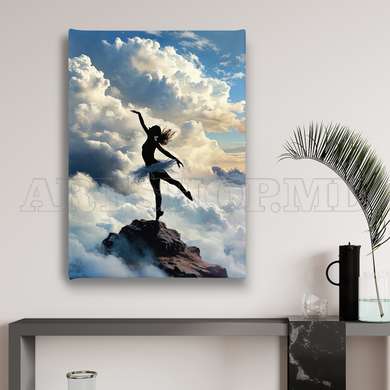 Poster - Ballerina on the background of clouds, 60 x 90 см, Framed poster on glass, Abstract