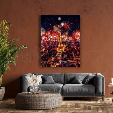 Poster - Tur Eiffel și artificii de noapte, 60 x 90 см, Poster inramat pe sticla, Orașe și Hărți