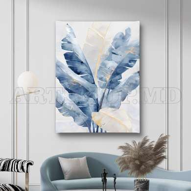 Poster - Blue tropical leaves, 60 x 90 см, Framed poster on glass, Botanical