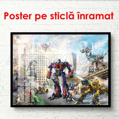 Poster - Transformer in the city of skyscrapers, 90 x 60 см, Framed poster, For Kids