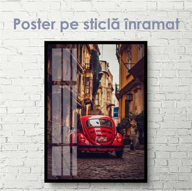Постер - Красная машины в старом городе, 30 x 60 см, Холст на подрамнике, Транспорт