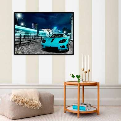 Poster - Mașină sport albastră, 90 x 60 см, Poster inramat pe sticla