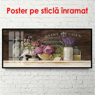 Poster - Flori pe un raft, 90 x 45 см, Poster inramat pe sticla