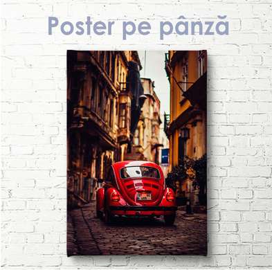 Poster - Mașină roșie în orașul vechi, 30 x 60 см, Panza pe cadru, Transport