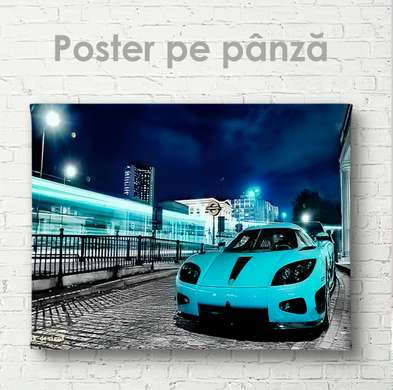Poster - Blue sports car, 90 x 60 см, Framed poster on glass