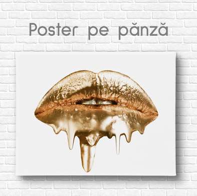 Poster - Golden Lips, 90 x 45 см, Framed poster on glass