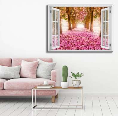 Stickere pentru pereți - Fereastra 3D cu vedere spre o alee cu flori roz, Imitarea Ferestrei, 130 х 85