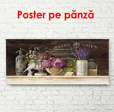 Poster - Floral still life on a shelf, 90 x 45 см, Framed poster on glass, Provence