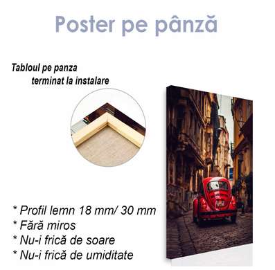 Poster - Mașină roșie în orașul vechi, 30 x 60 см, Panza pe cadru, Transport