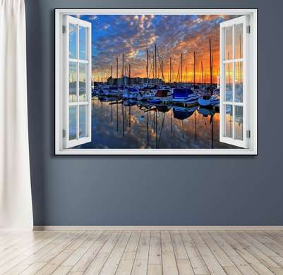Stickere pentru pereți - Fereastra 3D cu vedere spre un port la apus de soare, Imitarea Ferestrei, 130 х 85