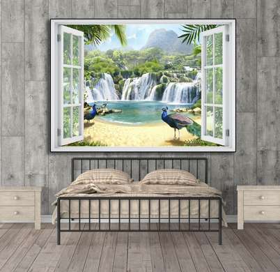 Наклейка на стену - 3D-окно с видом на холмы рядом с водопадом, Имитация окна, 130 х 85