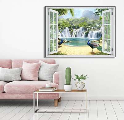 Wall Sticker - 3D window with a view of the hills next to the waterfall, Window imitation