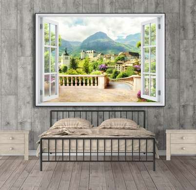 Наклейка на стену - 3D-окно с видом на красивый горный город, Имитация окна, 130 х 85
