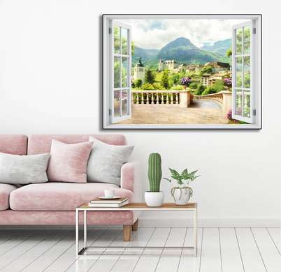 Wall Sticker - 3D window with beautiful mountain city view, Window imitation