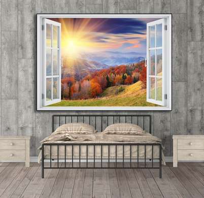 Наклейка на стену - 3D-окно с видом на разноцветный лес в горах, Имитация окна, 130 х 85