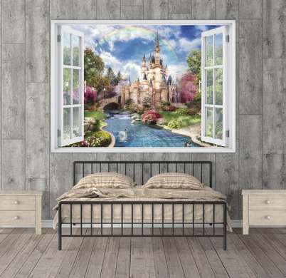 Наклейка на стену - 3D-окно с видом на замок, окруженный лебедями, Имитация окна, 130 х 85