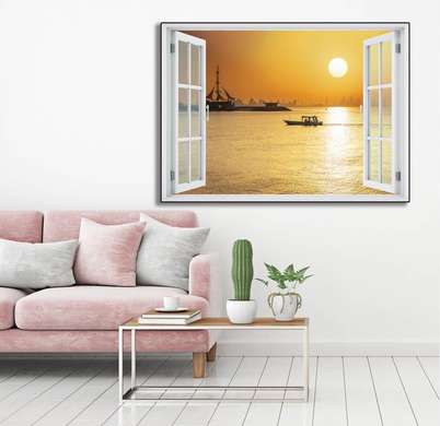 Наклейка на стену - Окно с видом на пальмовой пляж, Имитация окна, 130 х 85