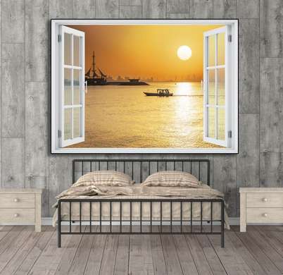 Наклейка на стену - Окно с видом на пальмовой пляж, Имитация окна, 130 х 85