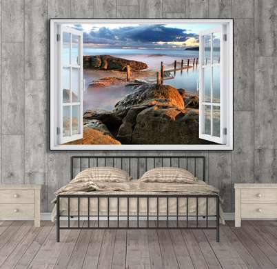 Наклейка на стену - Окно с видом на прекрасный пляж, Имитация окна, 130 х 85