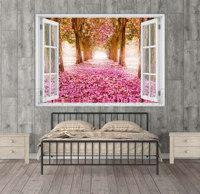 Наклейка на стену - 3D-окно с видом на аллею с розовыми цветами, Имитация окна, 70 х 50
