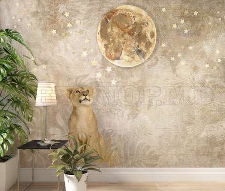 Wall Mural - Lion cub and moon with stars