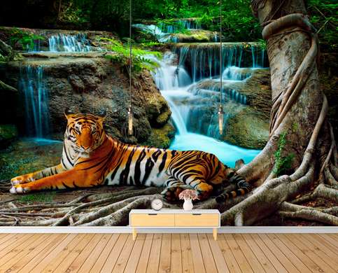 Фотообои - Тигр отдыхает возле водопада